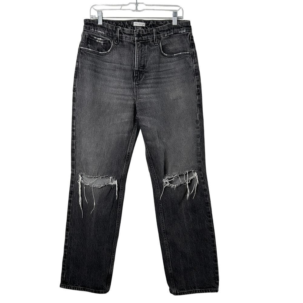 Good American Womens Jeans Straight High Rise Distressed Black 8/29